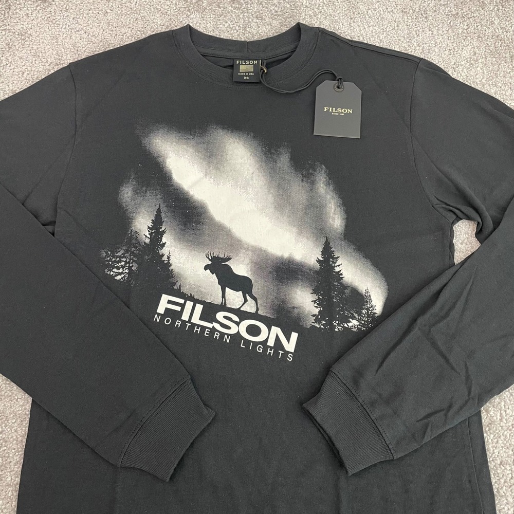 Filson T Shirt Mens Extra Small Moose Northern Lights Pioneer Graphic Black NWT